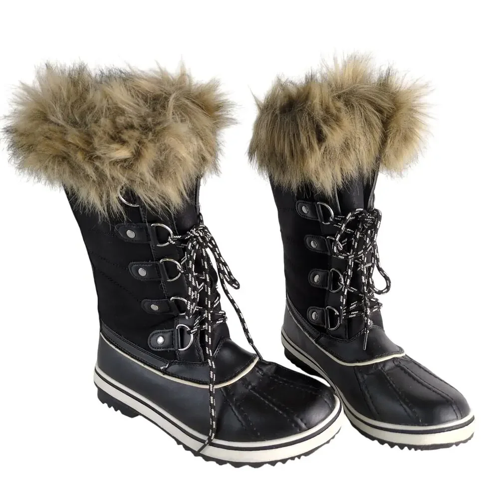 Globalwin Women's 8 Faux Fur‎ Trimmed Insulated Quilted Winter Snow Boots Black